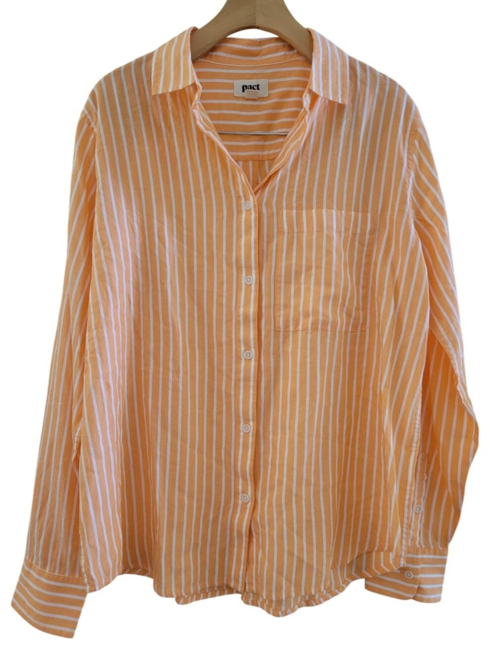 PACT Organic Cotton Womens Striped Shirt Size Medium button front Peach White